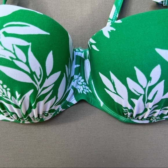 𝅺Gottex Ruffle Sleeve Leaf Print Bikini Top Green/White Sz 32C NWOT - Picture 4 of 11